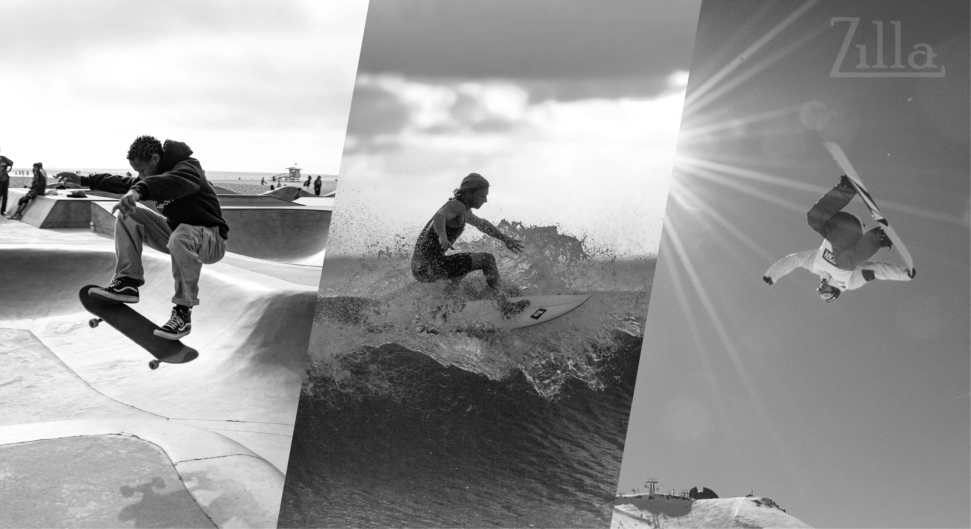 Zilla clothing Homepage image consisting of a skateboarder, Surfer, and Snowboarder